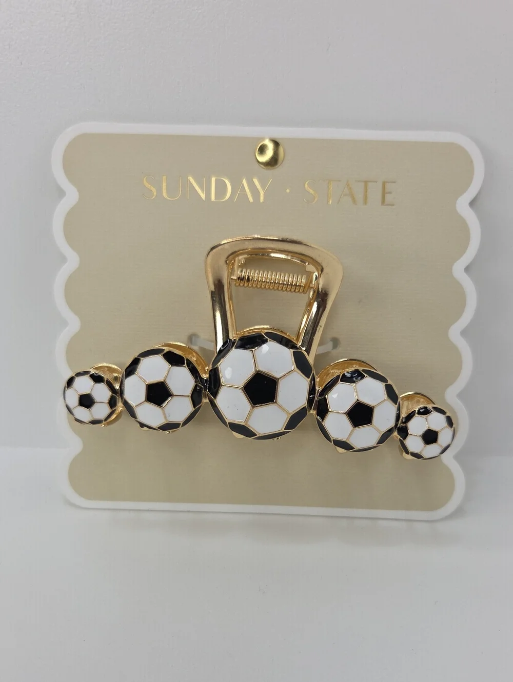 Sunday State Gold Hair Clip with Black & White Soccer Ball Accents